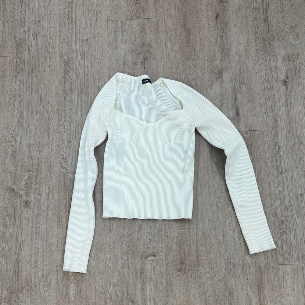 SHEIN Cream Long Sleeve Ribbed Top